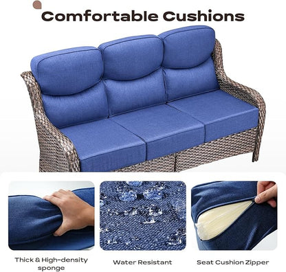 Rilyson Wicker Outdoor Patio Furniture Set - 6 Piece Patio Conversation Sets with Swivel Rocker Chairs, Ottomans, Sofa and Table, 6 inch Cushions, Deep Seating, for Porch Deck Brown/Blue