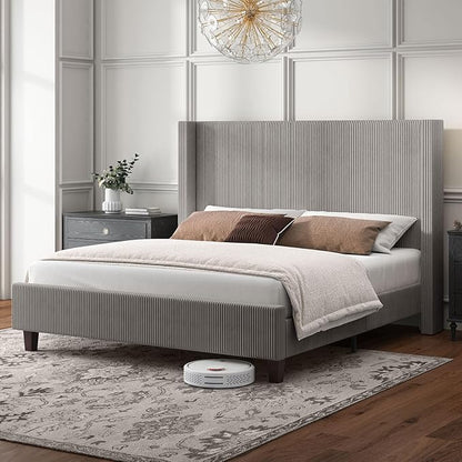 HOWE Queen Size Upholstered Platform Bed Frame, Wingback Bed with 50.8" Headboard, Corduroy/Solid Wood Leg/No Box Spring Needed/Noise Free/Taupe