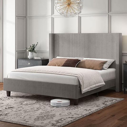 HOWE King Size Upholstered Platform Bed Frame, Wingback Bed with 50.8" Headboard, Corduroy/Solid Wood Leg/No Box Spring Needed/Noise Free/Taupe
