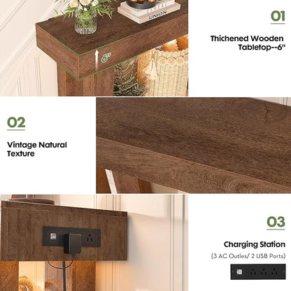 Unikito 63'' Farmhouse Console Table with Power Outlets and Sensor Light, Wooden Entryway Table with Storage, Rectangular Sofa Tables Behind The Couch for Entrance, Hallway, Living Room, Rustic Oak