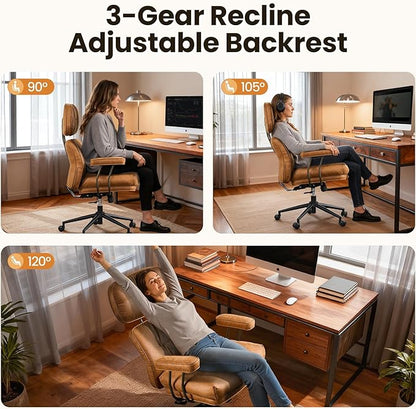 Home Office Desk Chair, Mid-Century Modern Office Chair with Adjustable Lumbar Support, Thickened Cushion Executive Desk Chair with 360 Rolling Swivel for Meeting Game Study Room(Light Brown)