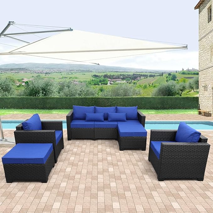 Rattaner Outdoor Wicker Furniture Couch Set 5 Pieces Patio Furniture Sectional Sofa with Royal Blue Cushions and Waterproof Covers