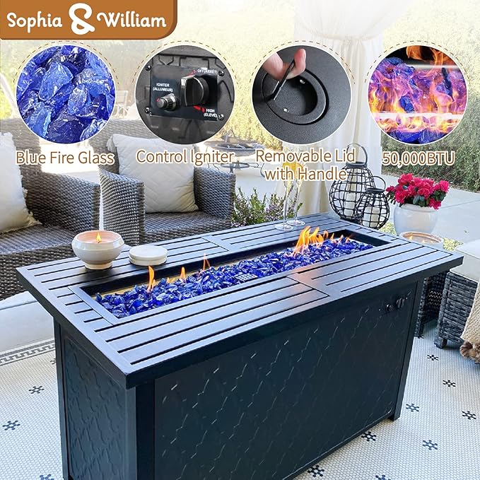 Sophia & William Patio Furniture Sets for 9 with 45" Gas Fire Pit Table Outdoor Conversation Sets 8 Pcs, 2xSofa Chairs, 2xSwivel Cushion Chairs, 1x3-Seat Sofa, 2xOttomans for Porch Poolside Navy