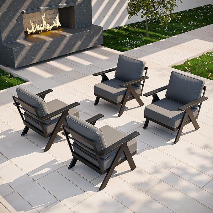 COOS BAY Iron Luxe Modern Outdoor Patio Chairs Set of 4, Lounge Accent Chairs for Backyard, Deck, Porch, Garden, Black/Gray