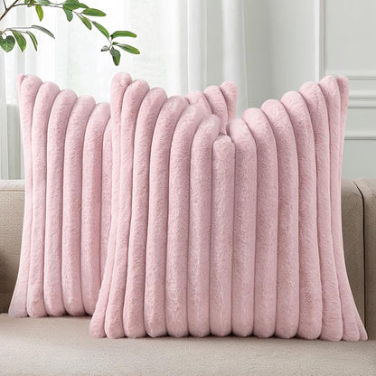 Pallene Faux Fur Plush Throw Pillow Covers 16x16 Set of 2, Luxury Soft Fluffy Striped Decorative Pillow Covers for Sofa, Couch, Living Room, Blush Pink