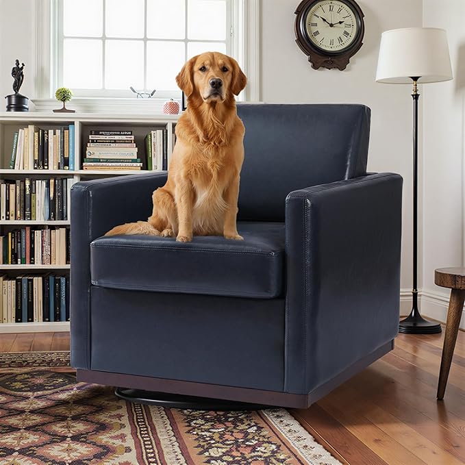 Pia Ricco Easy to Clean PU Swivel Barrel Chair Set of 2, Modern Faux Leather Accent Armchair, Mid-Century Style for Living Room & Office, Vegan Leather, Navy