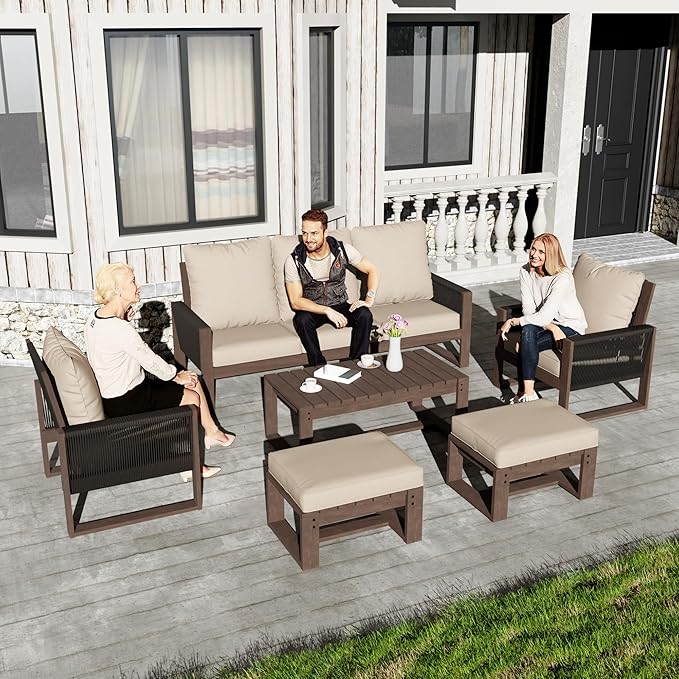 6 Piece Patio Furniture Set with 3-Seat Sofa, 2 Porch Armchairs, 2 Ottoman and 1 Coffee Table Wicker Outdoor Conversation Set for Garden, Terrace, Porch, Balconies, Lawns