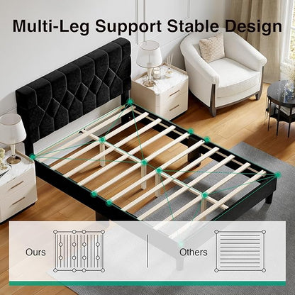 Novilla Full Size Bed Frame, Full Bed Frame with Headboard, Velvet Upholstered Pull-Point Headboard, No Box Spring Needed, Heavy Duty Feet, Easy Assembly, Black Velvet