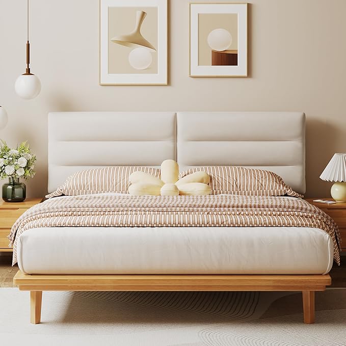 Queen Size Velvet Headboard Foldable Panels Backboard, Upholstered Full Headboard Adjustable Height from 42" to 56" Head Borad-Ivory