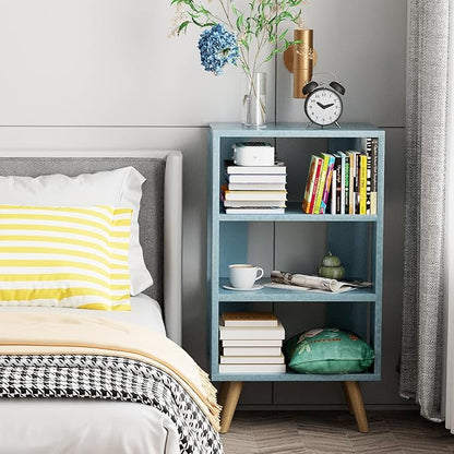 Night Stand, Blue Kids Nightstand, Modern End Table with Open Storage, 3-Tier Nursery Bedside Table for Small Space, Living Room, Bedroom