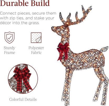 Best Choice Products 3-Piece Large Lighted Christmas Deer Family Set 5Ft Outdoor Yard Decoration with 360 LED Lights, Stakes, Zip Ties - Rattan