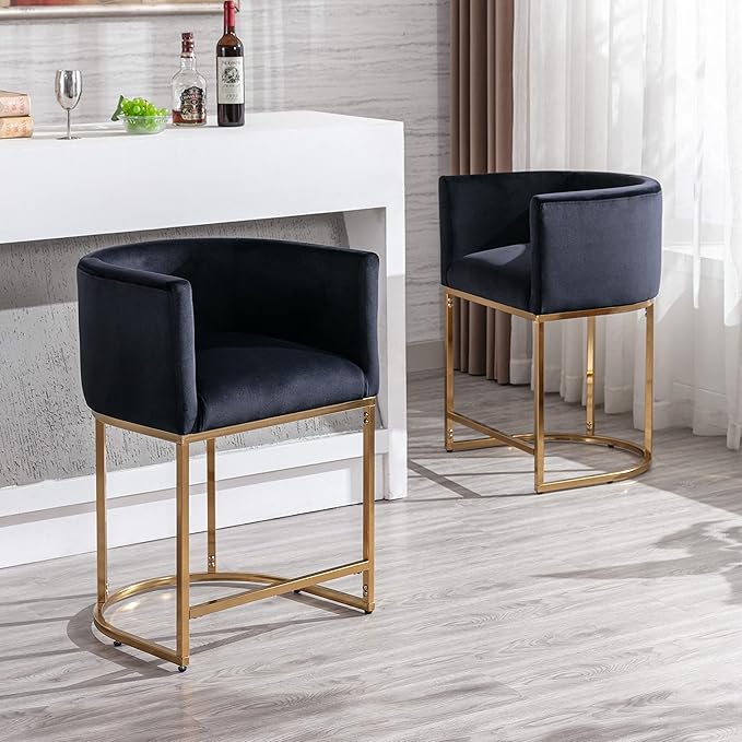 Contemporary Black Velvet Bar Stools Set of 3, 24" Upholstered Fabric Counter Height Barstools Kitchen Counter Island Stools with Screwed Together Golden Metal Base