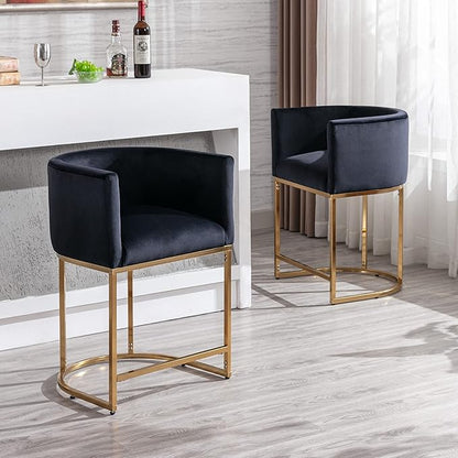 Contemporary Black Velvet Bar Stools Set of 4, 24" Upholstered Fabric Counter Height Barstools Kitchen Counter Island Stools with Screwed Together Golden Metal Base