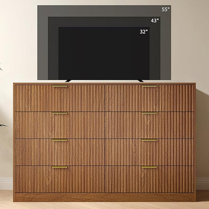Fluted Dresser for Bedroom with 8 Drawer, 55” Wide Wooden Dresser Mid Century Chest of Drawers w/Gold Handle, Fluted Dressers TV Stand Closet Storage Organizer for Living Room, Natural Oak