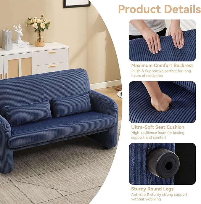 Corduroy Accent Living Room Sets, Modern Upholstered Love Seat with 2 Accent Chairs, Wide Comfy Leisure Chair Sets for Bedroom, Office, Blue