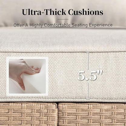 Patio Furniture Set 4 pcs, Wicker Rattan Sofa with 5.5” Thick Waterproof Cushions, 2 Chairs and Coffee Table, All Weather Outdoor Conversation Set for Backyard Deck, 5 Seats Beige
