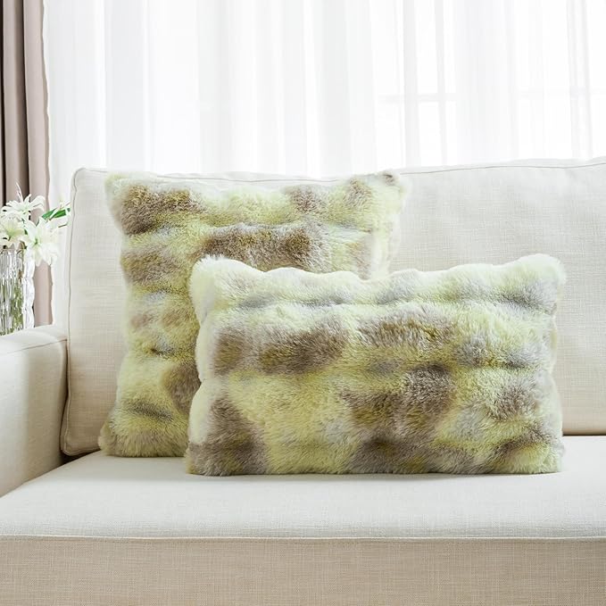 FUTEI Green White Decorative Throw Pillow Covers 22x22 Inch Set of 2,Soft Fuzzy Faux Rabbit Fur Cushion Covers with Raised Texture,Neutral Boho Home Decor for Couch Bed Living Room