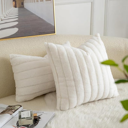 Pack of 2 Faux Fur Throw Pillow Covers 24x24 Inch Striped Decorative Soft Plush Couch Pillow Case Home Decor for Bed, Sofa, Living Room Cream White