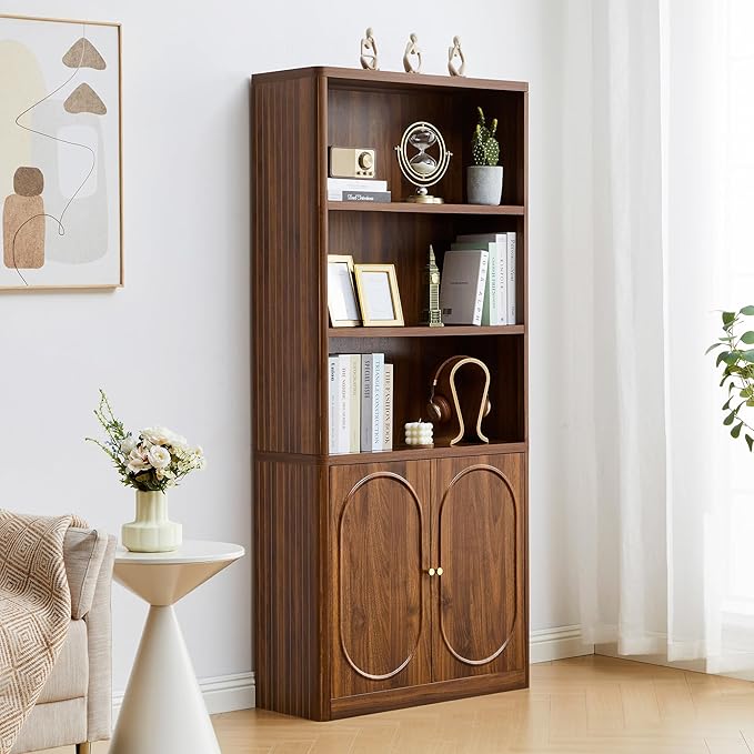 70.8" Tall Fluted Bookshelf with Storage Cabinet Set of 2, Modern 5-Tier Wood Bookcase with Open Display Storage Shelf, Gold Handles for Office Living Room (Walnut)