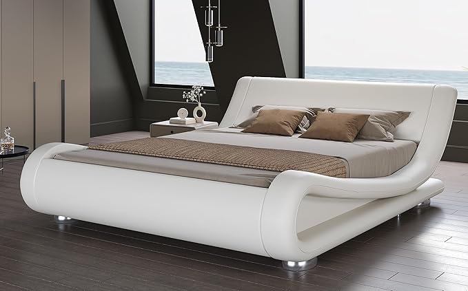 SHA CERLIN Full Size Upholstered Bed Frame, Deluxe Low Profile Sleigh Bed with Faux Leather Ergonomics Headboard, No Box Spring Needed & Easy Assembly, White