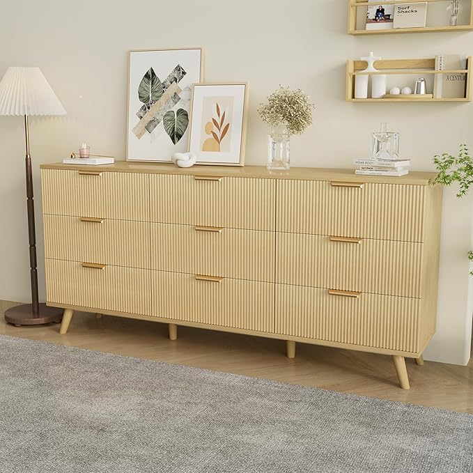 63" Long 9 Drawer Dresser for Bedroom, Modern Chest with Fluted Detailing, Light Wood Boho Dresser and TV Stand, Stylish Storage Organizer for Living Room, Hallway, or Closet, Light Wood