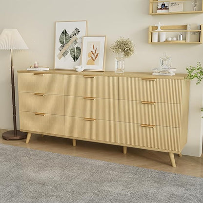 63" Long 9 Drawer Dresser for Bedroom, Modern Chest with Fluted Detailing, Light Wood Boho Dresser and TV Stand, Stylish Storage Organizer for Living Room, Hallway, or Closet, Light Wood