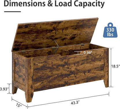 VECELO 43.3" Storage Bench, Entryway Shoe Ottoman, Farmhouse Style Bench with Handwoven Cushion and Metal Safety Hinges, for Bedroom, Living Room, Entryway, Brown