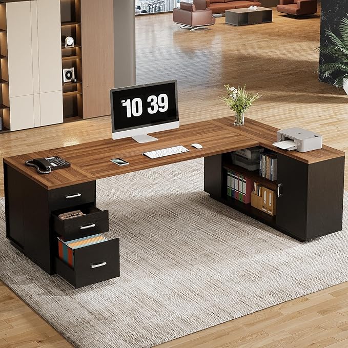 Tribesigns 85.8-Inch L-Shaped Executive Desk with File Drawers, Door Cabinet & Shelves, Extra Large Commercial Office Desk, Modern Professional Office Table, Business Furniture, Warm Brown & Black