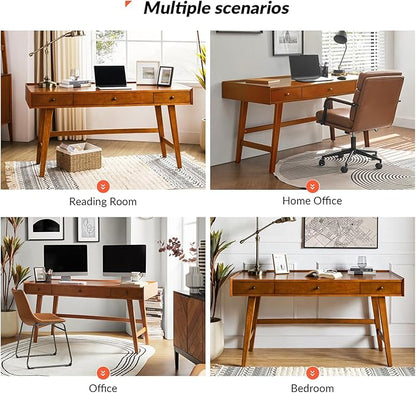 HULALA HOME Home Office Desk with 3 Drawers & Solid Wood Legs, Writing Table with Charging Station & Cable Management, Mid Century Modern Desk for Bedroom/Living Room/Study/Workstation, Acorn