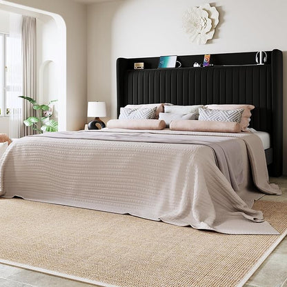 Allewie Queen Size Platform Bed Frame with USB Charging Station and Storage Shelf/Upholstered Velvet Wingback Headboard/Wooden Slats Support/No Box Spring Needed/Easy Assembly, Black