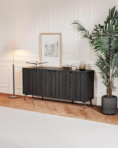 Mid-Century Modern Sideboard Cabinet, 63” Buffet with Storage, Diamond-Textured Credenza with 4 Doors, Multifunctional Accent Cabinet for Kitchen, Dining Room, Living Room (Matte Black)