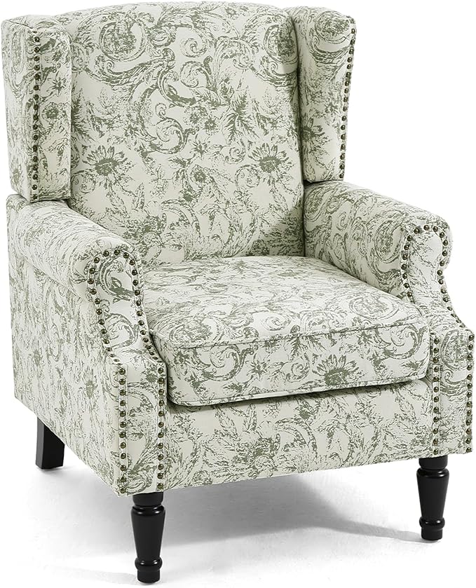 Wingback Accent Chairs Set of 2, High Back Upholstered Armchair, Printed Fabric Wingback Arms Chairs with Wood Legs, Single Sofa Reading Chair for Bedroom Living Room, Green Pattern