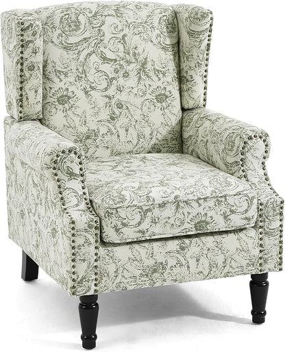 Wingback Accent Chairs Set of 2, High Back Upholstered Armchair, Printed Fabric Wingback Arms Chairs with Wood Legs, Single Sofa Reading Chair for Bedroom Living Room, Green Pattern