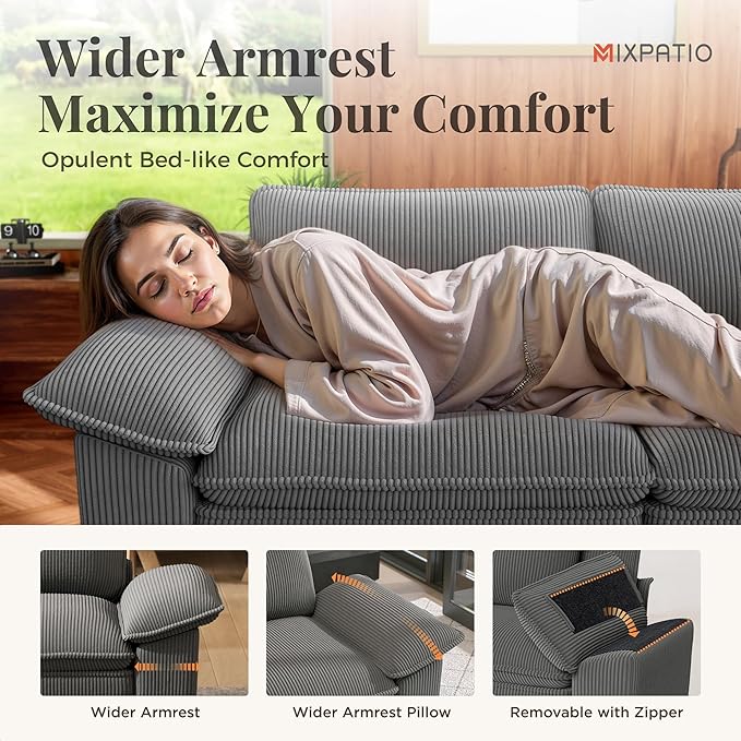 87" Cloud Modular Sectional Loveseat, 2-Seater w/Deep Seat & Removable Arms, Plush Corduroy for Small Living Room & Apartment - Gray
