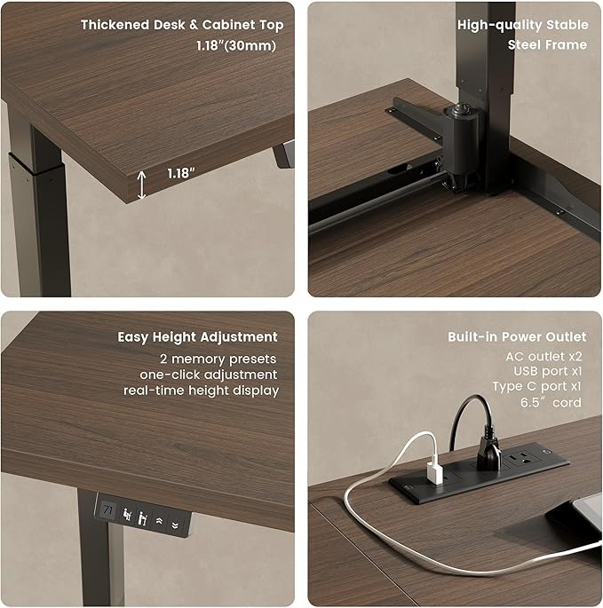 67" L-Shaped Electric Standing Desk with File Cabinet, 1.18" Desktop, Adjustable Height Executive Table, Stand Up Desk with 3 Drawers Rolling Filing Cabinet, for Home and Office, Black Walnut
