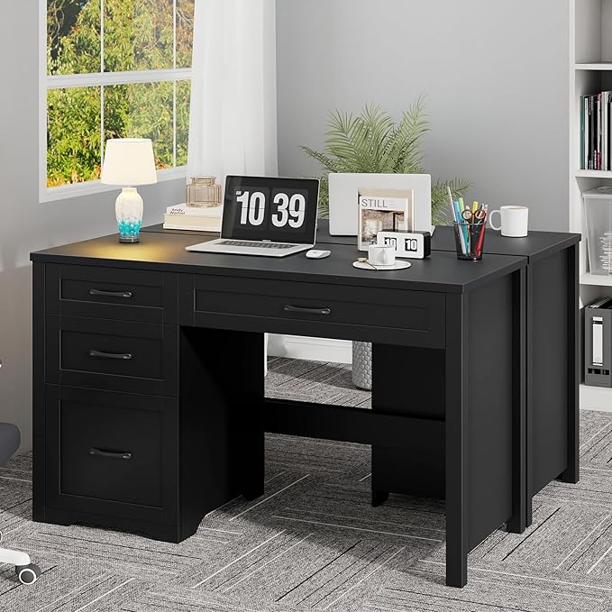 Vabches Farmhouse 47" Executive Desk with File Drawer, Wood Computer Desk with 3 Storage Drawers, Workstation for Home Office, Study, Writing(Black)