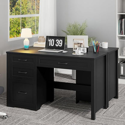 Vabches Farmhouse 47" Executive Desk with File Drawer, Wood Computer Desk with 3 Storage Drawers, Workstation for Home Office, Study, Writing(Black)