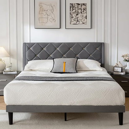 Queen Size Platform Bed Frame with Velvet Upholstered Headboard and Sturdy Wooden Slats Support,Mattress Foundation，Easy Assembly, No Box Spring Needed,Slip Resistant (Grey, Queen)