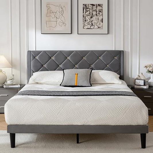 Queen Size Platform Bed Frame with Velvet Upholstered Headboard and Sturdy Wooden Slats Support,Mattress Foundation，Easy Assembly, No Box Spring Needed,Slip Resistant (Grey, Queen)