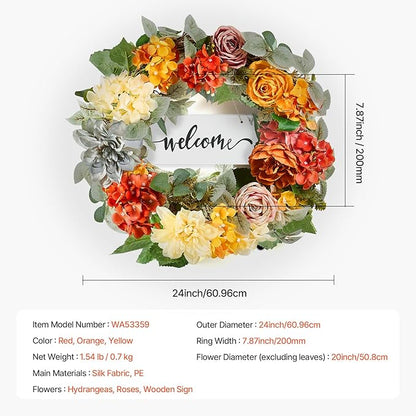 VEVOR Spring Wreath for Front Door 24 Inch - Artificial Hydrangea Year-Round Wreath with Welcome Sign, All Season Outdoor Indoor Decor for Home Wall Window