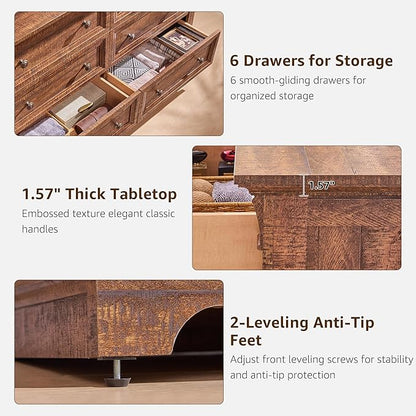 Farmhouse 6 Drawers Dresser for Bedroom, 54" Wide Large Dressers & Chests of Drawers w/Roman Column, Wooden Dresser TV Stand with Large Drawers for Bedroom Living Room Hallway,Reclaimed Barnwood