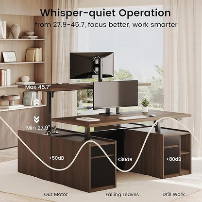 Executive Standing Desk with Drawers & Storage, 71'' Adjustable Electric Stand Up Wood Desk with Privacy Panel, AC/USB, File Cabinet, Large One-Piece Destop for Home Office, Black Walnut
