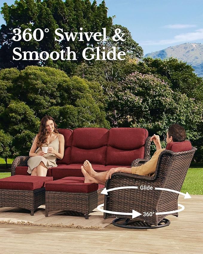 HILLGA Luxury Patio Furniture Set with 6-Inch Thick Cushions, High Back Outdoor Swivel Rocker Chairs and Patio Couch, 6-Piece All Weather Conversation Set for Porch Deck Pool Yard, Burgundy (V3)