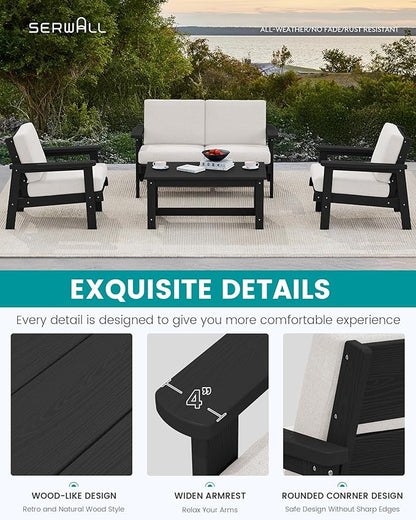 SERWALL HDPE Patio Furniture Set with 15FT Double Side Patio Umbrella, All Weather Wood-Like Outdoor Sofa Sectional Couch, Black Patio Furniture with Khaki Cushions