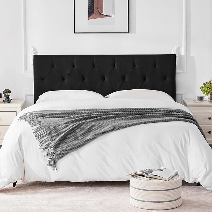 Linen Fabric Upholstered Headboard Queen Size, Modern Diamond Tufting Solid Wood Queen Headboard Only, Adjustable Height from 37” to 51” Head Board, Bed Frame or Wall Mount Headboards, Black