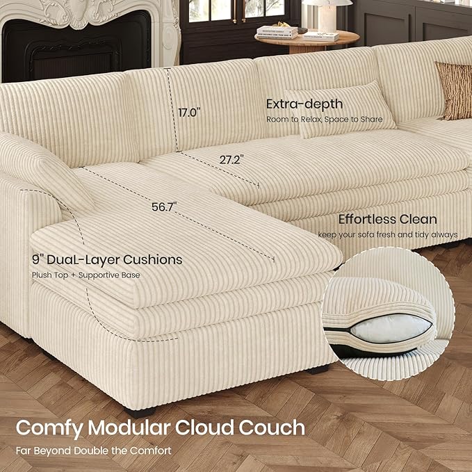 Belffin Large Modular Sectional Sofa with Deep Chaise, 73.6" Corduroy L Shaped Couch with 9" Soft Dual-Layer Seats Cushion for Living Room, Apartment, Beige