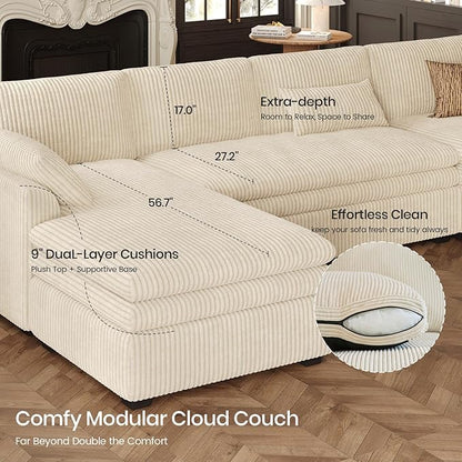 Belffin Large Modular Sectional Sofa with Deep Chaise, 73.6" Corduroy L Shaped Couch with 9" Soft Dual-Layer Seats Cushion for Living Room, Apartment, Beige