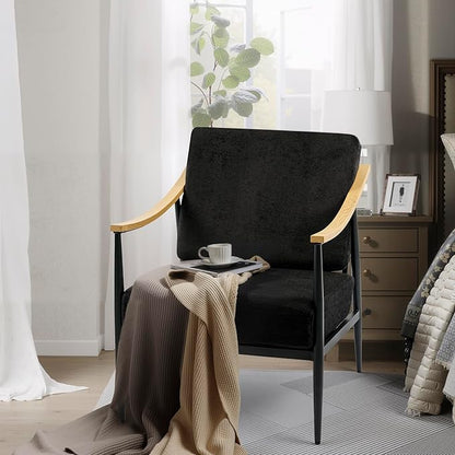 Modern Accent Chairs Set of 2 for Living Room Bedroom Mid Century Arm Chairs Upholstered Office Accent Chairs Comfy Waiting Room Chairs with Metal Frame, Black