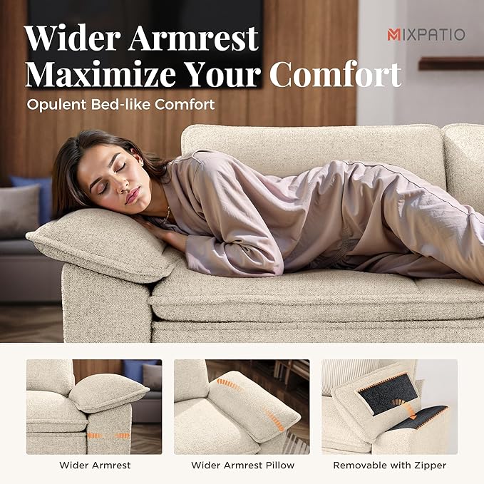 87-Inch L Shaped Sectional Sofa with Cloud Cushions, Deep Seat Modular Couch Set w/ 3 Seats & 1 Ottomans, Removable Arms, Plush Chenille Upholstery for Living Room, Apartment - Beige