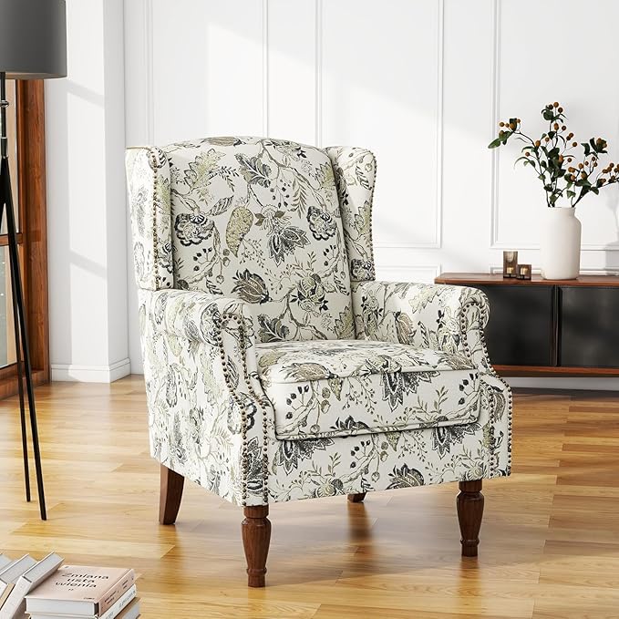 UIXE High Back Floral Accent Chairs Set of 2, Fabric Upholstered Armchair for Living Room, Retro Printed Wingback Arm Chair Nailhead Trim Single Sofa Bedroom Reading Seat - Beige Plants